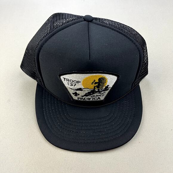Vintage Boy Scouts Of America Hat Cap Snapback Trucker Black Troop 137 Pacifica - Picture 2 of 6